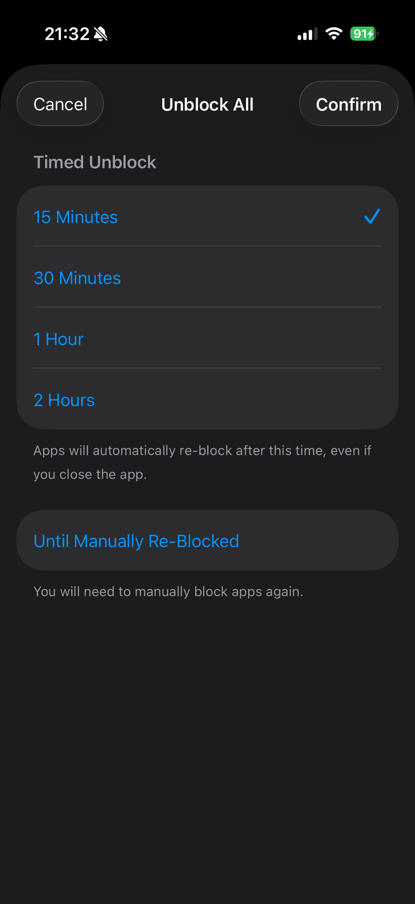 Timed unlock duration picker