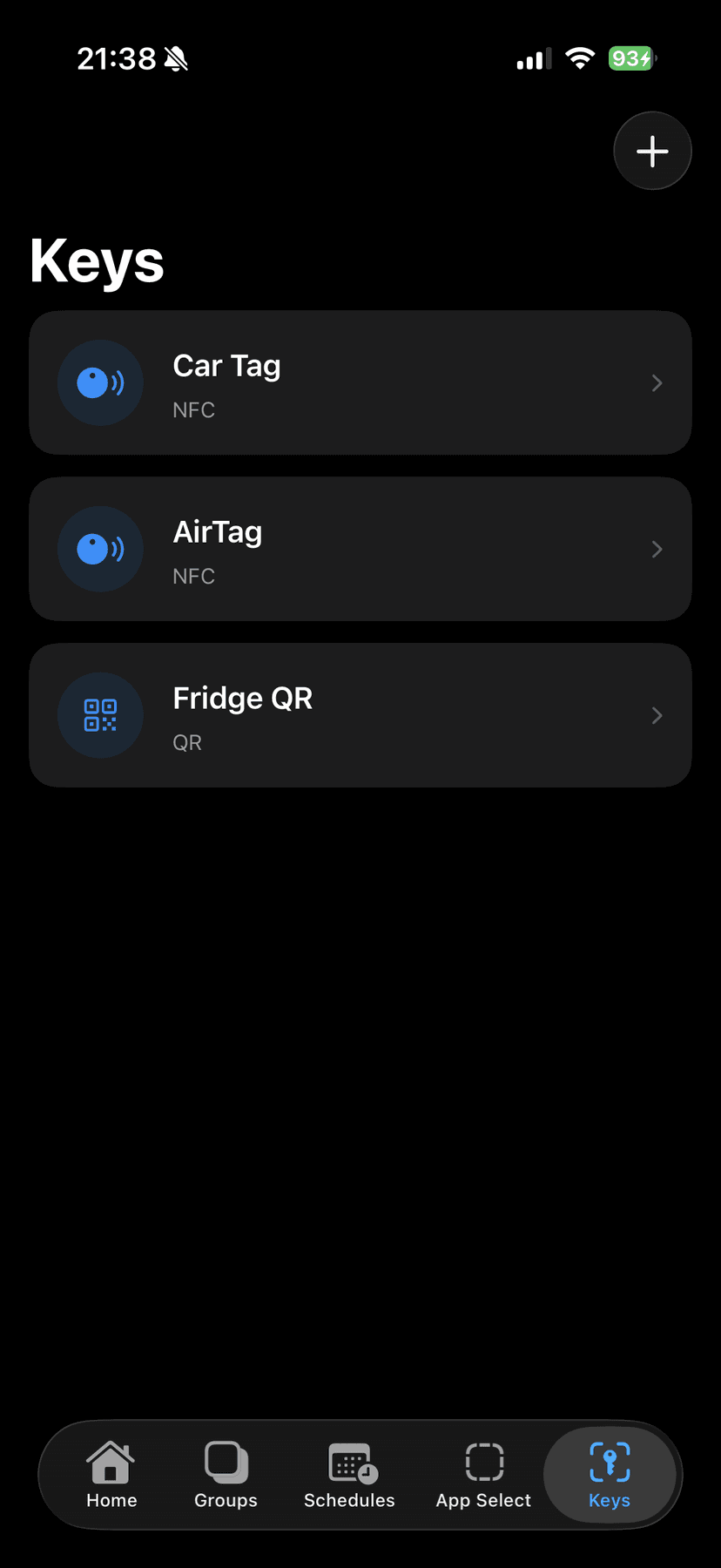 Keys screen showing NFC tags and QR codes