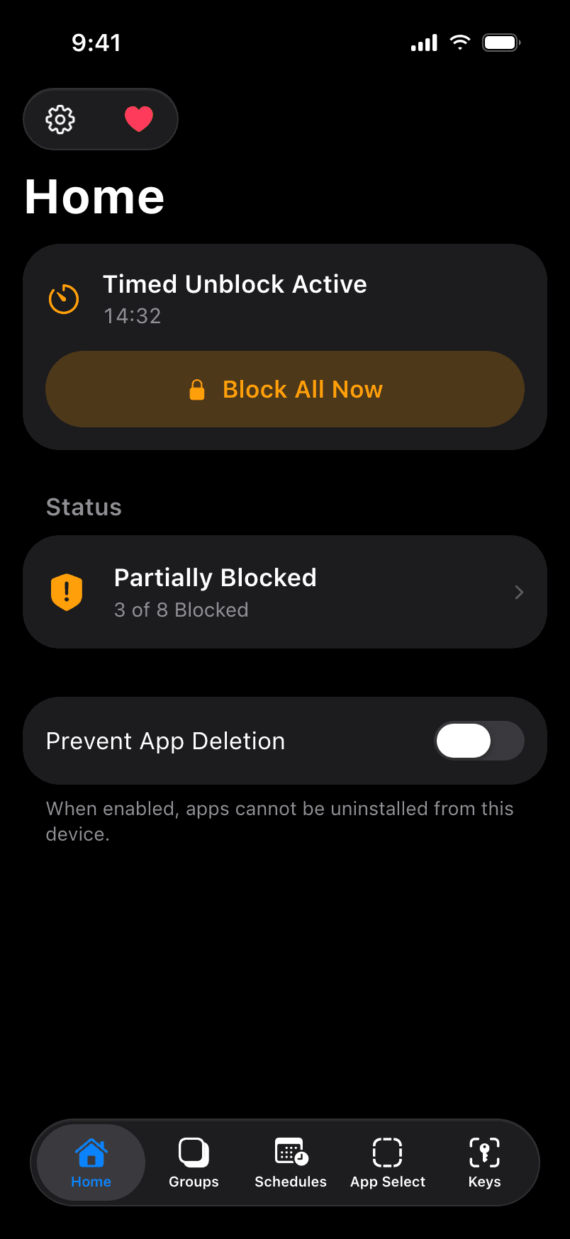 Home screen with a timed unblock active and a Block All Now button