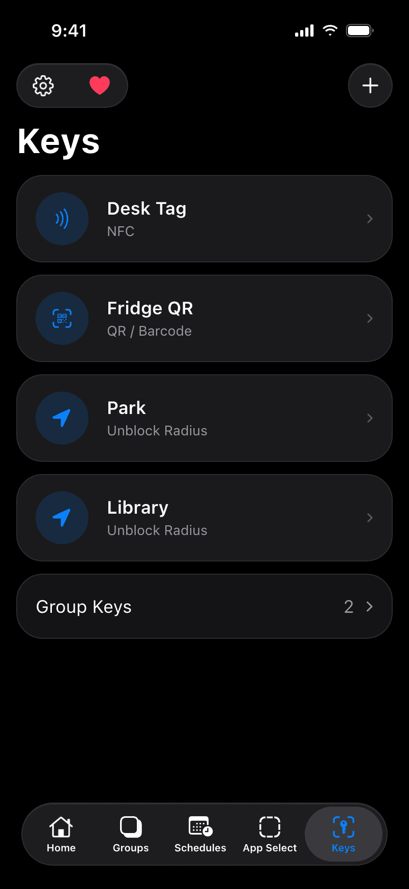 Keys screen: an NFC desk tag, a fridge QR code and location keys