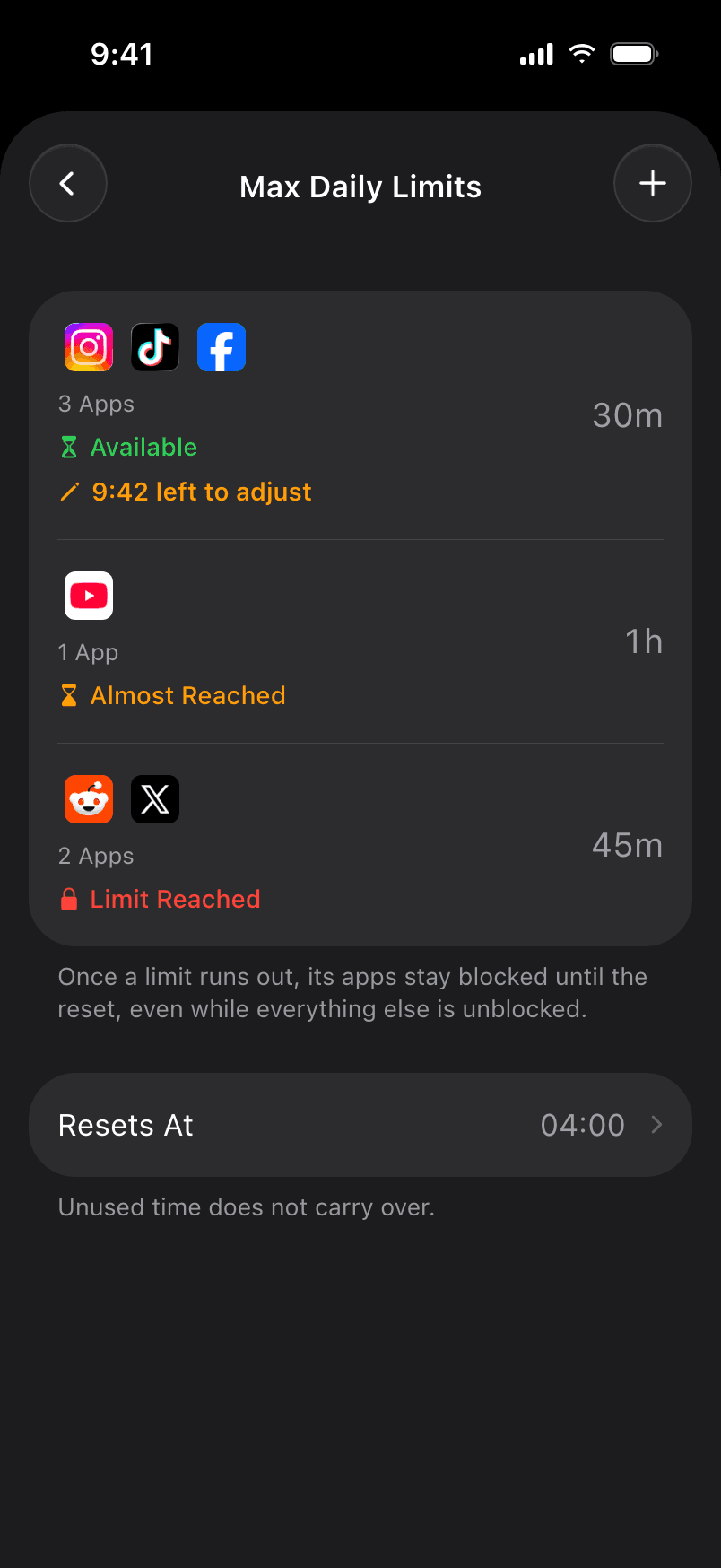 Max daily limits with available, almost reached and limit reached states