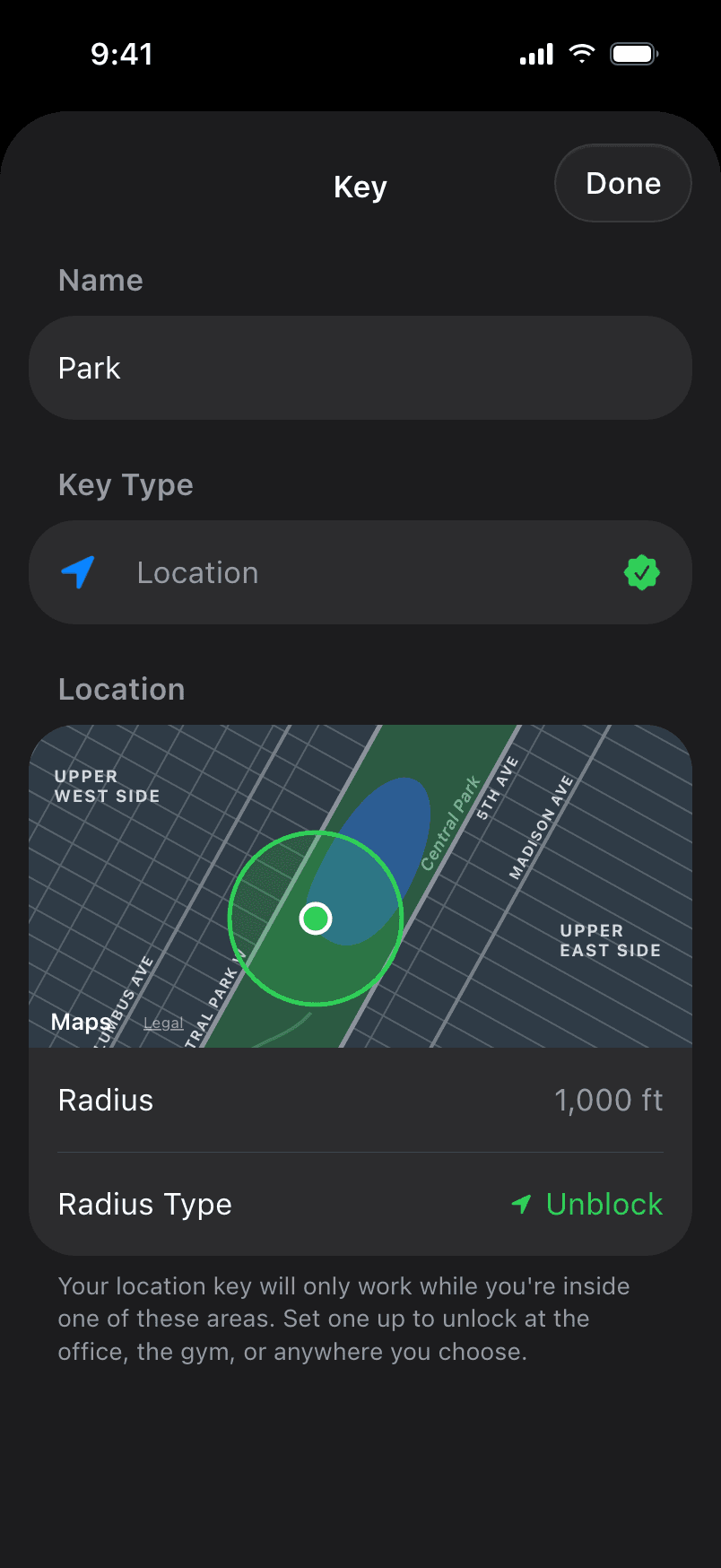 Location key with an unblock radius around Central Park