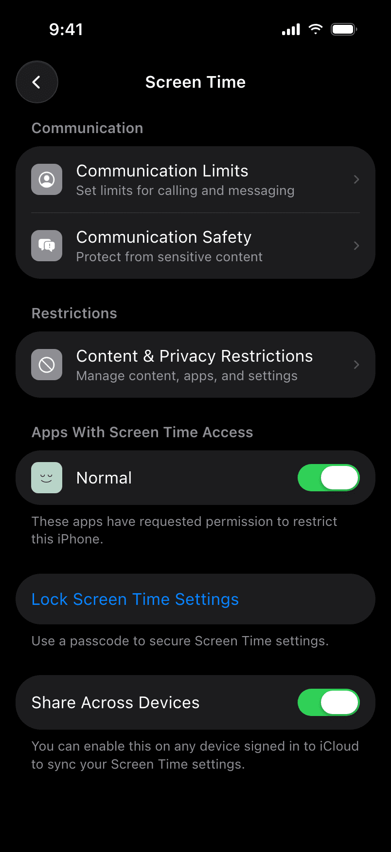 iOS Screen Time settings with Lock Screen Time Settings
